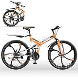 Outroad 26 Inch Folding Mountain Bike, 21 Speed Full Suspension High-Carbon Steel MTB Foldable Bicycle, Dual Disc Brake Non-Slip Folding Bikes for Adults/Men/Women, Orange