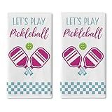 Croar Let's Play Pickleball Kitchen Dish Towels Set of 2, Sport Drying Hand Towel Baking Cooking Cloth Pickleball Lover Gift, Pink Blue Buffalo Plaid Farmhouse Bathroom Home Decoration 18'' x 26''