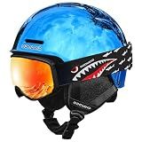 Odoland Kids Ski Helmet, Snow Helmet with Ski Goggles Set for Boys & Girls | Durable PC Shell, EPS Impact Foam, Windproof, Safety Snowboard Sports Helmets for Ages 6-14, Glossy Mirror Blue, S