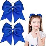 2 Packs Jumbo Cheerleading Bow 8 Inch Large Cheer Hair Bows with Ponytail Holder for Teen Girls Softball Outfit Uniform(Blue)