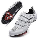 Unisex Road Bike Cycling Shoes Compatible with Peloton Shimano SPD Bike Riding Shoes for Men Women, 3 Straps, Pre-Installed Delta Cleats for Indoor Outdoor Cycling Biking Size 4.5 (Grey)