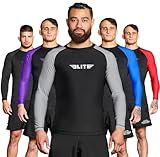 Elite Sports Men's Jiu Jitsu BJJ Rash Guard, Long Full Sleeve Compression Shirt for Sports Nogi Training Gray