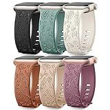 6 Pack Floral Engraved Bands Compatible with Apple Watch Bands 44mm for Women 40mm 41mm 45mm 49mm, Adjustable Comfortable Soft Silicone for iWatch Bands 38mm Womens Series
