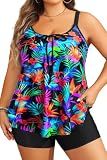 Daci Tropical Women Plus Size Tankini Swimsuit with Pockets Shorts 20 Plus