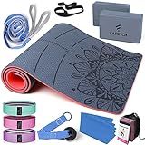 1/3 Yoga Mat Thick, Yoga Kit and Sets for Beginners Include High Density Mat with Multi-loops Strap, Blocks, Booty Resistance Band Set & Door Anchor (9MM, BLUE&RED)