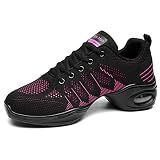 Slow Man Women's Jazz Shoes Lace-up Sneakers - Breathable Air Cushion Lady Split Sole Athletic Walking Dance Shoes Platform Black&Pink,6