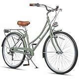 AVASTA 26 Inch Hybrid Bike, Lightweight Step-Through Hi-Ten Steel Frame for City Commuting, 6 Speed Comfort Bicycle with Light in Elegant Green with Stylish Black Tires for Woman Female