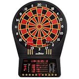 Arachnid Cricket Pro 800: 15.5” regulation size with 40 games and 179 variations. Features 8-player LED scoring, Heckler feedback, and durable NylonTough segments with micro-thin dividers