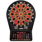 Arachnid Cricket Pro 800: 15.5” regulation size with 40 games and 179 variations. Features 8-player LED scoring, Heckler feedback, and durable NylonTough segments with micro-thin dividers
