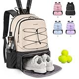 Arcoyard Tennis Bag, Large Tennis Bags For Women, Tennis Backpack with Ventilated Shoe Compartment and Insulated Pocket, Hold 2 Tennis Pickleball Rackets, Tennis Pickleball Balls and More, Beige
