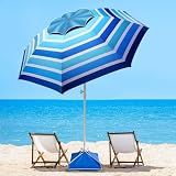 Fisqueen 8FT Large Beach Umbrella with Wind Resistance Sand Anchor Sand Bag, Portable Outdoor Umbrella with UPF50+ UV Protection, Tilt Sun Shelter for Beach, Patio, Yard