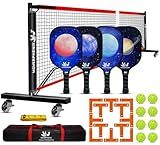 Portable Pickleball Set - Wheeled Net, 4 Fiberglass Paddles, 8 Balls, Court Marking Kit, Carry Bag