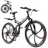 Max4out 26 inch Folding Mountain Bike, Carbon Steel Frame and 21 Speed, Double Disc Brake and Dual Suspension Folding Bike for Adults/Men/Women, Easy Assembly Bicycle(HM-Black)