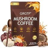 GRGTP Mushroom Coffee - Superfood Blend with 6 Adaptogens (Cordyceps, Lion's Mane, Reishi Other) | Jitter-Free Energy, Enhanced Focus, Digestion & Immunity Support | 45 Servings, Vegan, Gluten Free, Non-GMO | Smooth Flavor