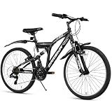 QARSWA 24/26/27.5 Inch Mountain Bike for Men & Women, 21-Speed Full Suspension MTB, High-Carbon Steel Frame, Quick Release Front Wheel, Dual Fenders, Trail & Commuter Bicycle (Matte Black, 26 Inch)