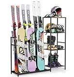 Freestanding Snowboard Rack - 4 Pair Ski, 3 Pack Snowboard, Boot, Pole, Goggles, Helmet Rack for Garage, Shed, Basement