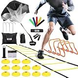GHB Agility Ladder, Football Training Equipment Set | 4 Agility Hurdles, 20 feet 12 Rungs Speed Ladder,12 Disc Cones,Resistance Parachute, Jump Rope, 5 Resistance Bands