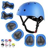 WayEee Kids Bike Helmet Set Skateboard Knee Pads, 7PCS Protective Gear Adjustable for Girls Boys 3-10 Age Elbow Pads Wrist Guards for Outdoor Sports Cycling Bike Roller Skating Scooter, Youth, Blue