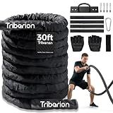 Battle Rope For Home Gym Workout - 1.26 Inch 30ft Heavy Weighted Training Exercise Ropes Fitness Equipment With Sleeve And Anchor Strap Kit For Outdoor Working Out