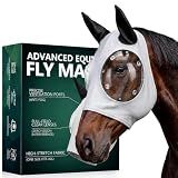 Horse Fly Mask with Ears - Ice Silk Cooling Fabric for Summer, Upgraded Anti-Fog & UV Blocking Ski-Grade Eye Mesh, Breathable Mosquito Insect Sun Mask for Horses