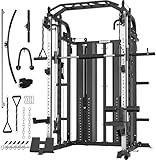 DONOW Smith Machine with Weight Stacks Power Cage Squat Rack Dual Cable Crossover Machine Home Gym Systems Station LAT Pull Down DN-DS939B 320lbs Cement Weights