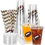 Whaline 50Pcs Football Disposable Plastic Cups with Lids and Straws 12oz Sports Themed Party Cups Cold Beverage Drinking Cups for Sports Team Player Game Day Birthday Party Supplies