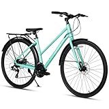 AVASTA Neptune 700C Road Hybrid Bike - Lightweight Aluminum Alloy Frame with 24-Speed Gearing for City Commuting - Rear Cargo Rack, Dual Disc Brakes, and 15 inch Frame- Mint Green Design for Men Woman