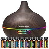 InnoGear Aromatherapy Diffuser & 10 Essential Oils Set, 400ml Diffuser Ultrasonic Diffusers for Home Cool Mist Humidifier with 4 Timers 7 Colors Light Waterless Auto Off, Dark Wood Grain