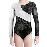 XiaoMoSha Girls Gymnastics Leotards Long Sleeve Ballet Dance Sparkle Unicorn Rainbow Fancy Mermaid Ribbons Wear, Silver, 130(5-6Y)