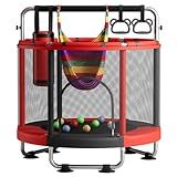 ZCMHAXJ 55" Trampoline for Kids with Enclosure, 440lbs Capacity Indoor & Outdoor Toddler Trampoline with Adjustable Gymnastics Bar & Toys, Gifts for Boys & Girls