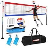 TELURY Heavy Duty Professional Volleyball Net Set Aluminum Poles, 32 ft Regulation Portable for Outdoor Backyard Beach, Anti-Sag, Adjustable Height & Length with Carry Bag (Red and Blue)