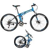 EUROBIKE 26” Full Suspension Mountain Bike,Dual Disc Brakes Folding Bike,21 Speed Folding Bicycle Men or Women MTB (Blue)