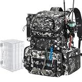 Piscifun Fishing Tackle Backpack with Rod Holders & 4 Tackle Boxes, Outdoor Fishing Bag with Waterproof Rain Cover Camouflage