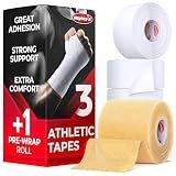 Premium White Athletic Tape for Injuries - 3 Pack with Pre-wrap - Easy Tear & No Sticky Residue - Sports Zinc Oxide Tape - Ankle, Wrist, Fingers - Ideal for Soccer, Gymnastics, Boxing