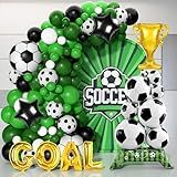 THAWAY Soccer Birthday Party Decorations - 120 Pcs Soccer Balloons Set with 5 ft Giant Self Standing Soccer Foil Balloon, Green White Black Balloon Arch for Soccer Party Decorations, World Cup Party
