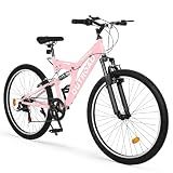 Crownland Outdoor Mountain Hybrid Bike, 26 Inch High Carbon Steel Frame Mountain Bikes, 7 Speed Adjustable MTB Bicycle with Suspension Fork for Men and Women(Pink)