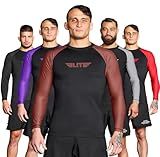 Elite Sports Men's Jiu Jitsu BJJ Rash Guard, Long Full Sleeve Compression Shirt for Sports Nogi Training Brown