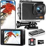 Action Camera 4K 60FPS 48MP, EIS Sports Camera with 128GB Card,131FT Underwater Waterproof Camera with Case, 2inch Touch Screen, 8X Zoom, Remote Control, Batteries & Mounting Kits