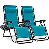 Best Choice Products Set of 2 Adjustable Steel Mesh Zero Gravity Lounge Chair Recliners w/Pillows and Cup Holder Trays - Peacock Blue