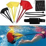 Foilswirl 4 Pcs Swimming Parachute Resistance Training Set Adjustable Swim Belt with Zippered Phone Pouch 3 Interchangeable Drag Parachute for Progressive Strength Endurance Speed Training