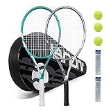 Tennis Rackets for Adults, Pre-Strung 27 Inch Tennis Racquets, Lightweight Tennis Racket Set-2 Player Tennis Racket Set with 3 Balls,2 Grips, 2 Vibration Dampers- Grey and Green