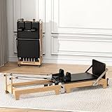 Wooden Foldable Pilates Reformer Machine, Quick-Assembly Studio Grade Pilates Reformer for Home and Gym, Pilates Equipment with Adjustable Resistance, Jump Board and Accessories