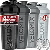 VELOMIX -4 PACK- 28 oz Protein Shaker Bottle for Protein Mixes - 4x Wire Whisk | Leak Proof Shaker Cups for Protein Shakes | Protein Shaker Bottle Pack | Protein Shake Cup(Silver Mix)