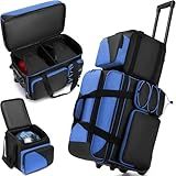 3 Ball Bowling Bag with Wheels, Bowling Bag 3 Ball Roller with Separate Shoe Compartment and Accessory Pocket, 2 Ball Roller Bag Plus Single Ball Tote (Blue)