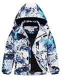 UMMTOM Boys Waterproof Ski Jacket Fleece Lined Warm Winter Snow Coat Hooded Winter Jacket for Kids(White Blue,8-9)