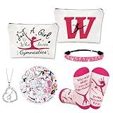 EccoDen Gymnastics Gifts for Girls - 5 Pcs Gymnastics Stuff with Gymnastic Stickers Gymnastic Bag Gymnastics Necklace Headband Socks, Gymnastics Accessories for Girls, Letter W