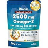 Arofum Omega 3 Fish Oil with Vitamin D3 K2 – 300 Lemon Flavored Burpless Softgels | Fish Oil Omega 3 Supplements Support Heart, Brain, Eyes & Immune Health | Gluten-Free, Non-GMO