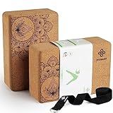 Overmont Cork Yoga Blocks 2 pack with 8ft Strap Natural Cork Bricks- High Density & Eco Friendly Yoga Accessories for Women - Ideal for Yoga Pilates General Fitness and Stretching 9x6x3''