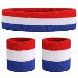 ONUPGO Sweatband Set Premium Sports Headband Wristband Set Sweatbands Terry Cloth Wristband Wrist Sweatband Headbands Moisture Wicking Sweat Absorbing Head Band Red/White/Blue