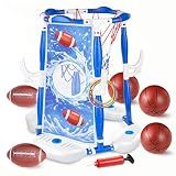 PJG Pool Basketball Hoop, 3-in-1 Floating Poolside Basketball Ring Game Football for Kids Ages 3-12, Outdoor Summer Swimming Pool Party Water Toy for Family Adults Boys Grils Birthday Gift (Blue)